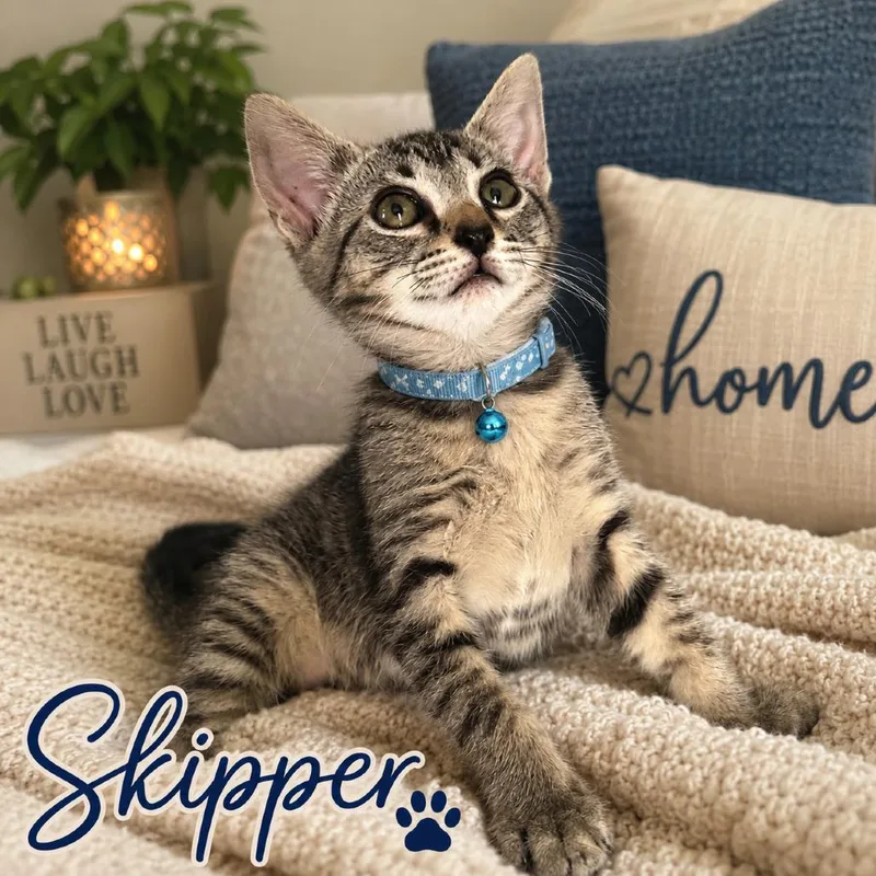 A baby small-sized male Black American Shorthair cat named Skipper for adoption in Inman, SC