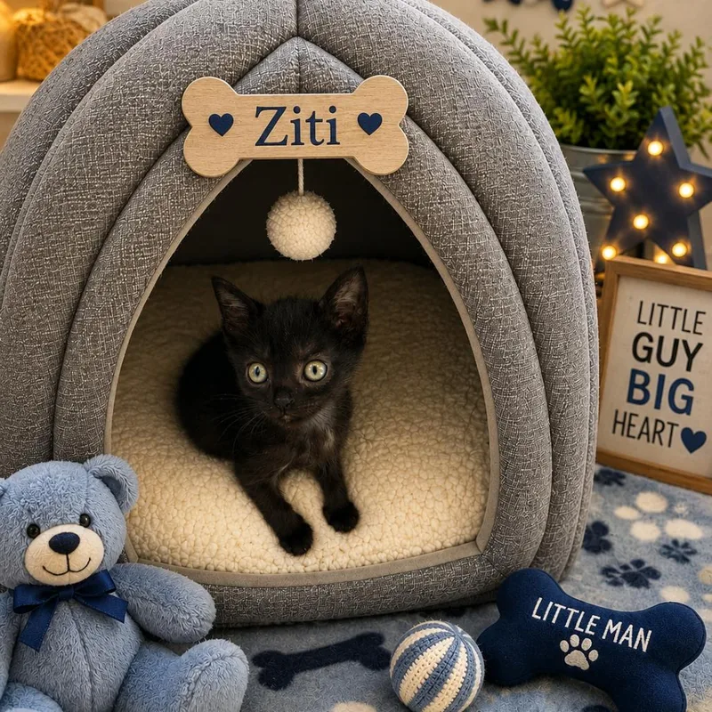 A baby small-sized male Domestic Short Hair cat named Ziti for adoption in League City, TX