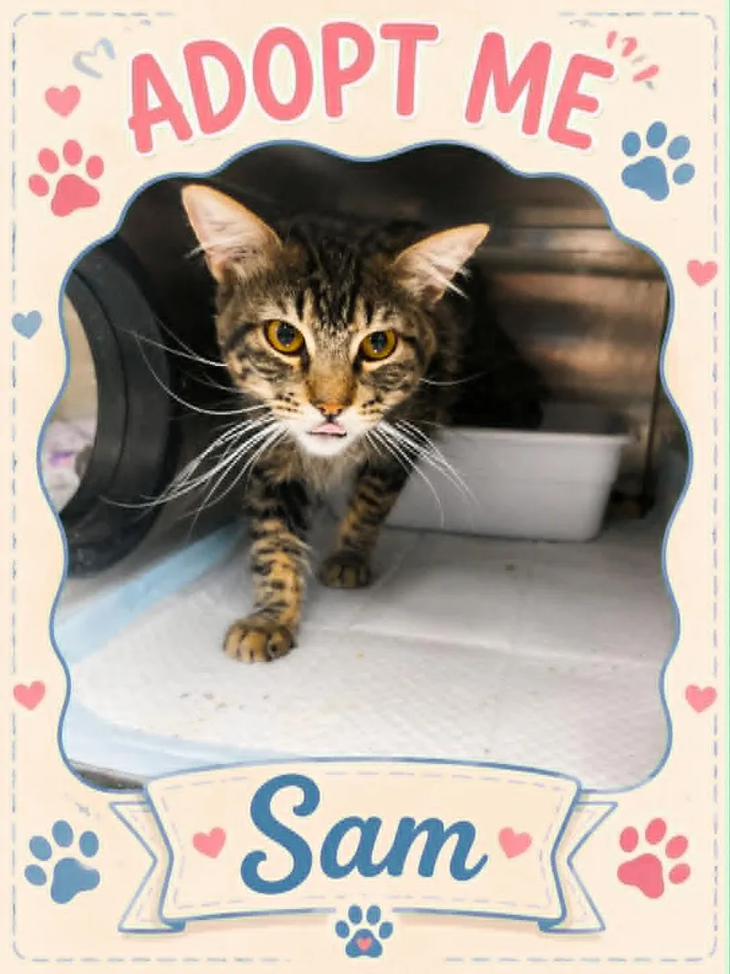 An adult medium-sized male Tabby (Buff / Tan / Fawn) Domestic Short Hair cat named Sam for adoption in Bowie, TX