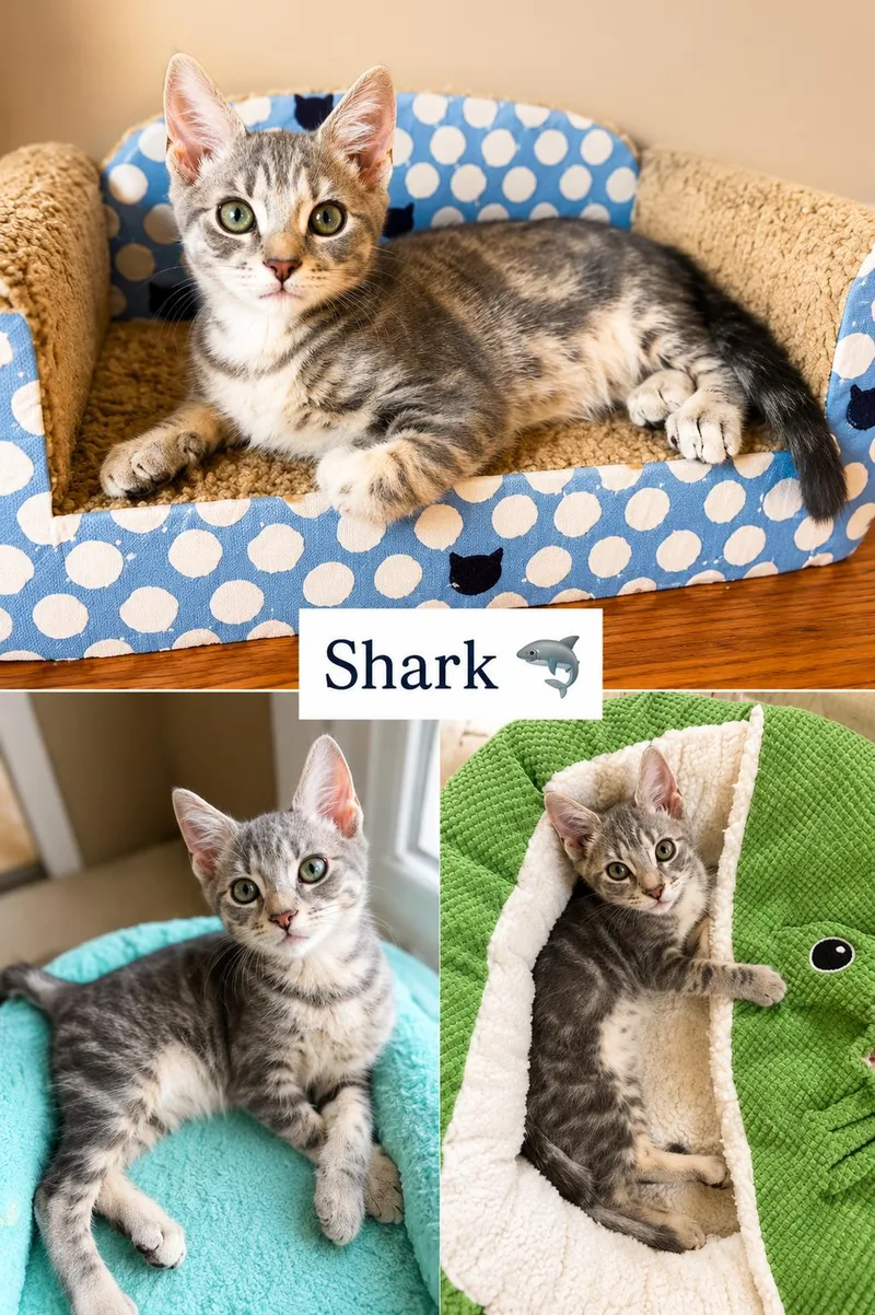 A baby medium-sized male Tabby cat named Shark for adoption in Greenville, DE