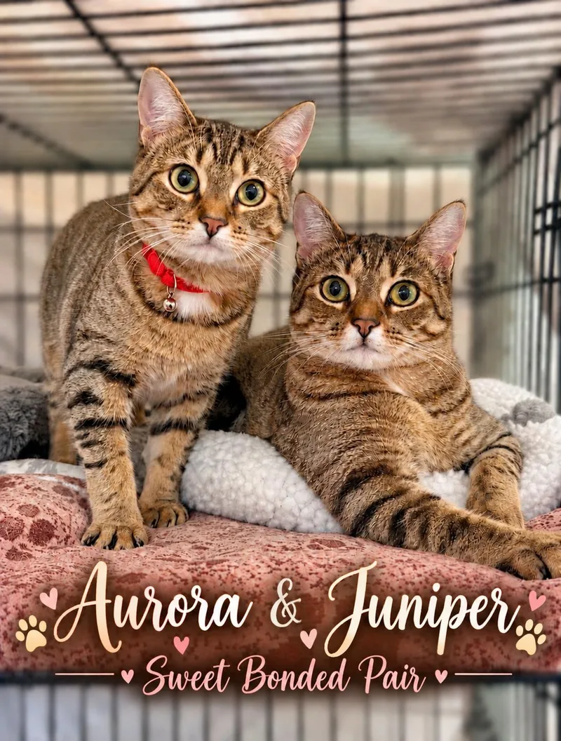 A young medium-sized female Tabby cat named Aurora & Juniper for adoption in Greenville, DE
