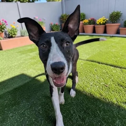 A baby medium-sized female Black Bull Terrier dog named Mayo for adoption in Fort Worth, TX