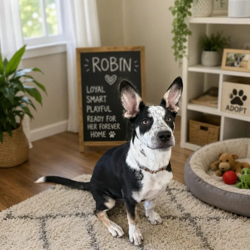 A baby medium-sized female Black Australian Cattle Dog / Blue Heeler dog named Robin for adoption in Phoenix, AZ