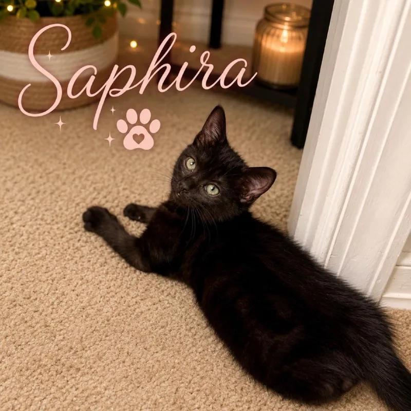 A baby small-sized female Black Domestic Short Hair cat named Saphira for adoption in Newark, NJ
