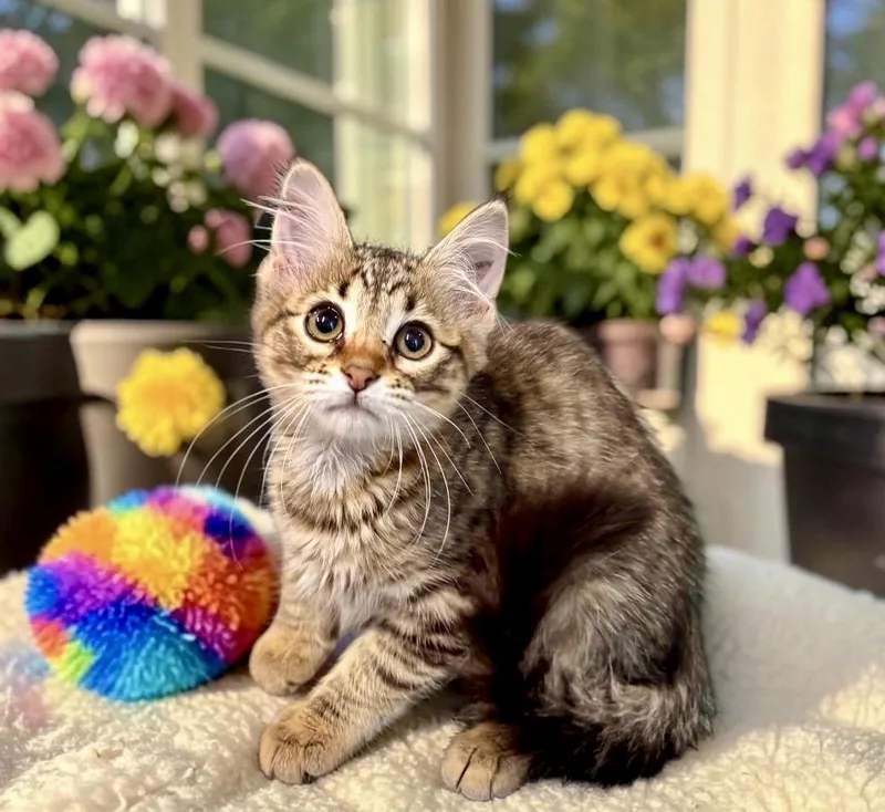 A baby small-sized female Tabby (Brown / Chocolate) Tabby cat named Dapple Apple for adoption in Perry, IA