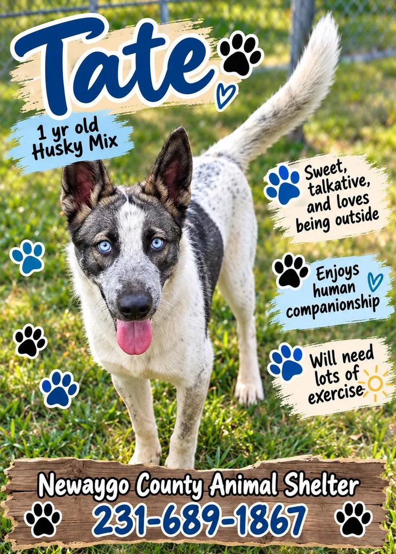 A young medium-sized male Husky dog named Tate for adoption in White Cloud, MI