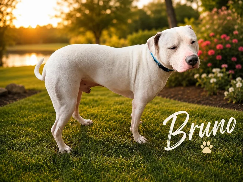 An adult large-sized male White / Cream Pit Bull Terrier dog named Bruno for adoption in Chickamauga, GA