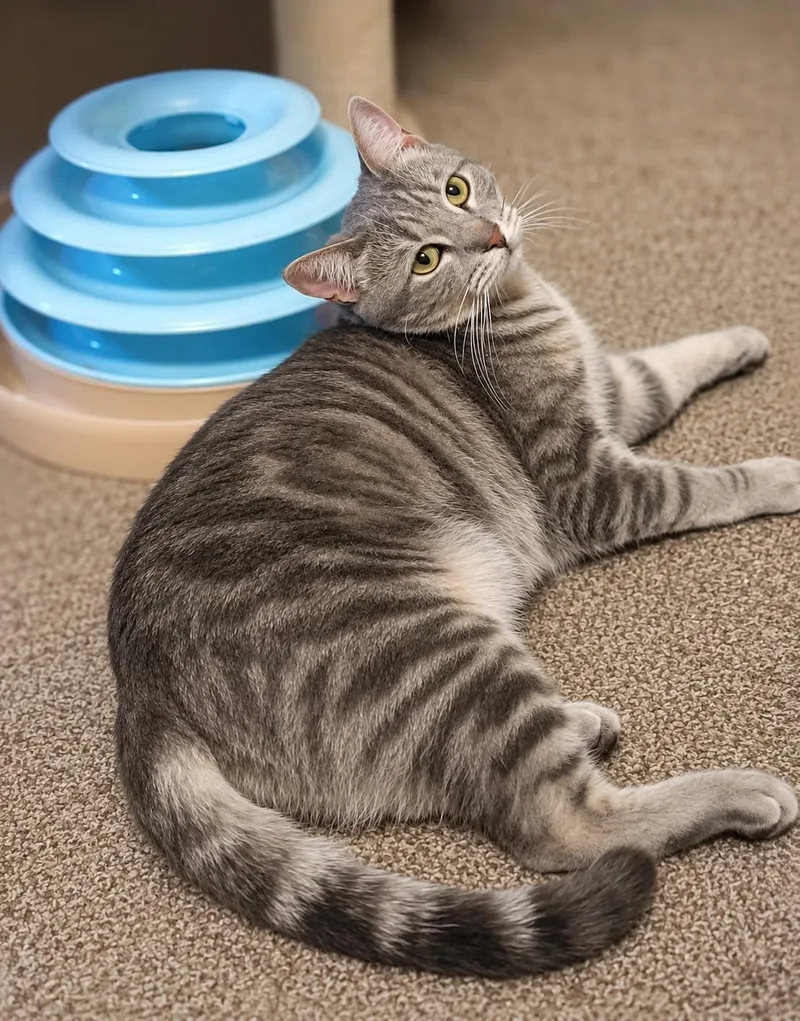 A baby medium-sized female Tabby (Gray / Blue / Silver) Tabby cat named Cindelle for adoption in Fresno, CA