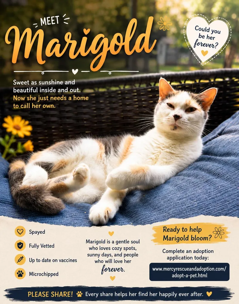 An adult medium-sized female Calico Domestic Short Hair cat named Marigold for adoption in North Vernon, IN