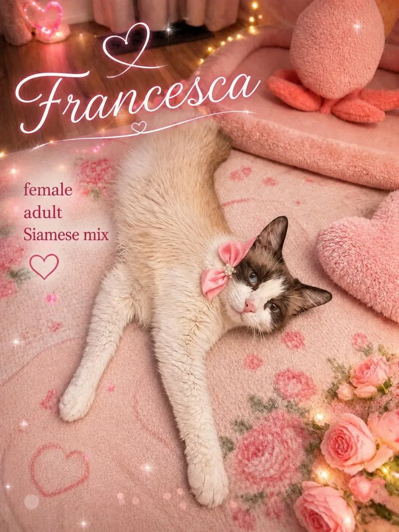 An adult medium-sized female Seal Point Siamese cat named Francesca for adoption in Reno, NV