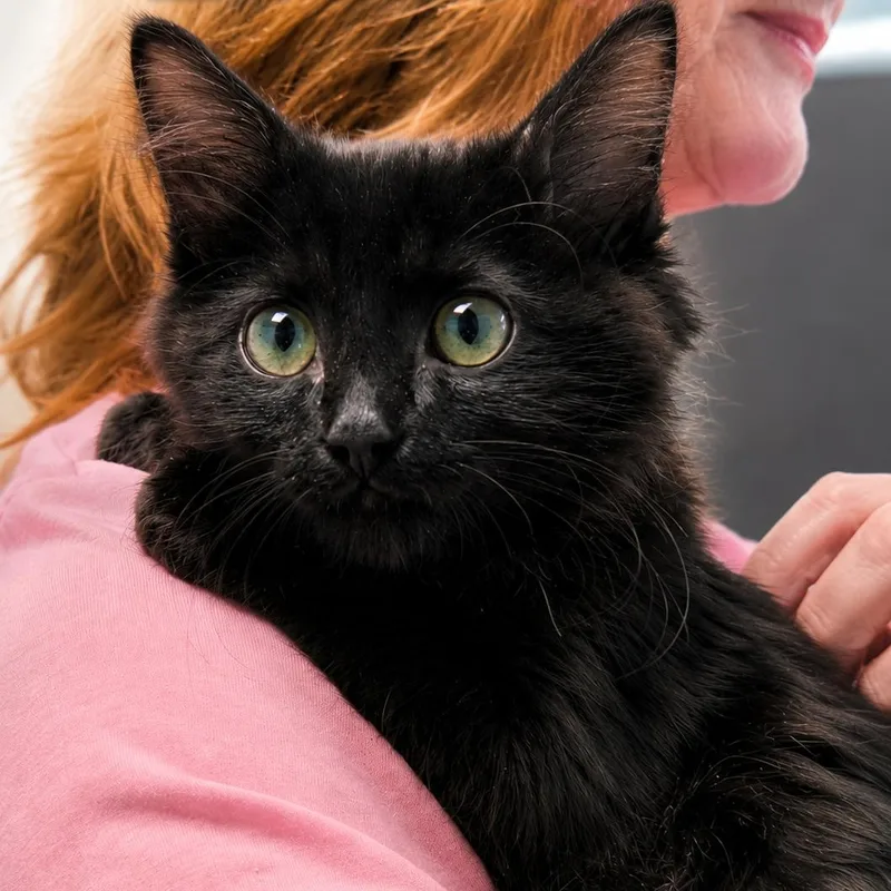 A baby medium-sized male Black Domestic Medium Hair cat named Kade for adoption in Denver, NC