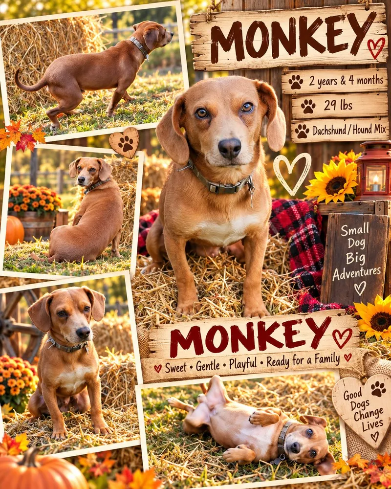 An adult medium-sized male Yellow / Tan / Blond / Fawn Dachshund dog named Monkey for adoption in Jackson, TN