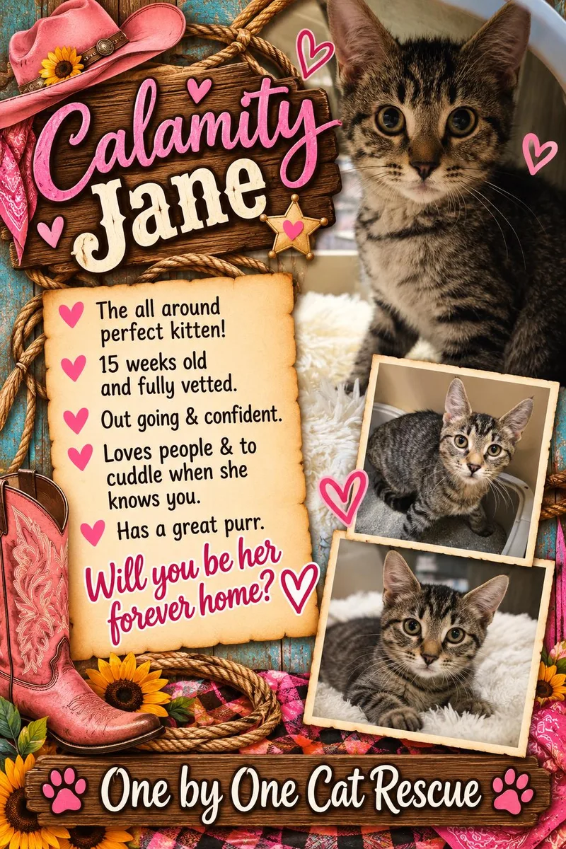 A baby medium-sized female Tabby (Brown / Chocolate) Domestic Short Hair cat named Calamity Jane for adoption in Temple, PA