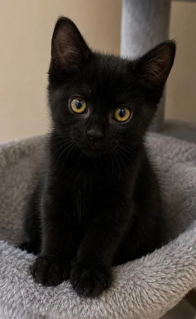 A baby medium-sized female Black Domestic Short Hair cat named Bluestar for adoption in Mokena, IL