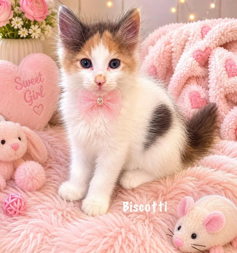 A baby medium-sized female Calico cat named Biscotti for adoption in Dickinson, TX