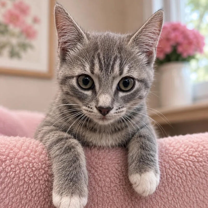 A baby small-sized female Gray / Blue / Silver Domestic Short Hair cat named Meowley Cyrus for adoption in Marshall, TX