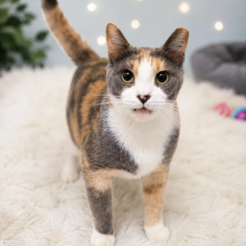 A young small-sized female Calico Domestic Short Hair cat named Dahlia for adoption in Missouri City, TX
