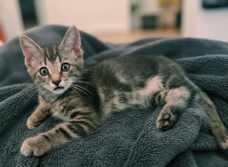 A baby medium-sized male Gray / Blue / Silver Domestic Short Hair cat named Barong for adoption in Houston, TX