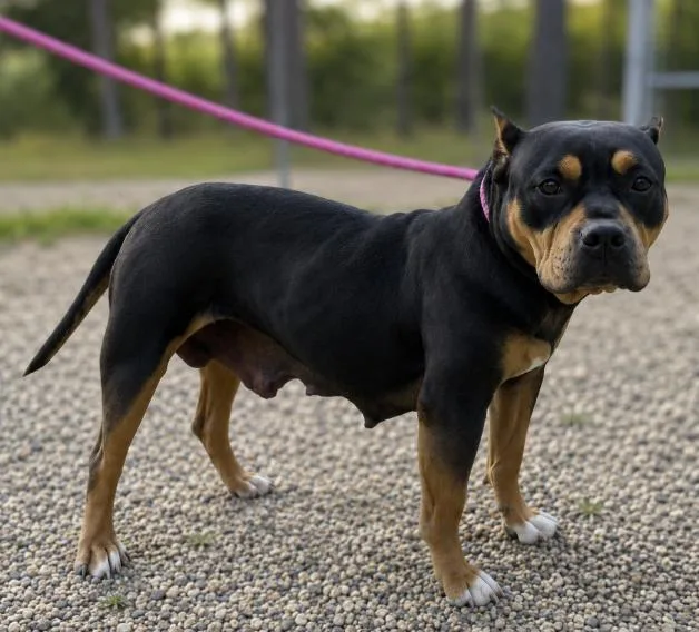 An adult medium-sized female Tricolor (Brown, Black, & White) Pit Bull Terrier dog named Tina Marie for adoption in Naperville, IL