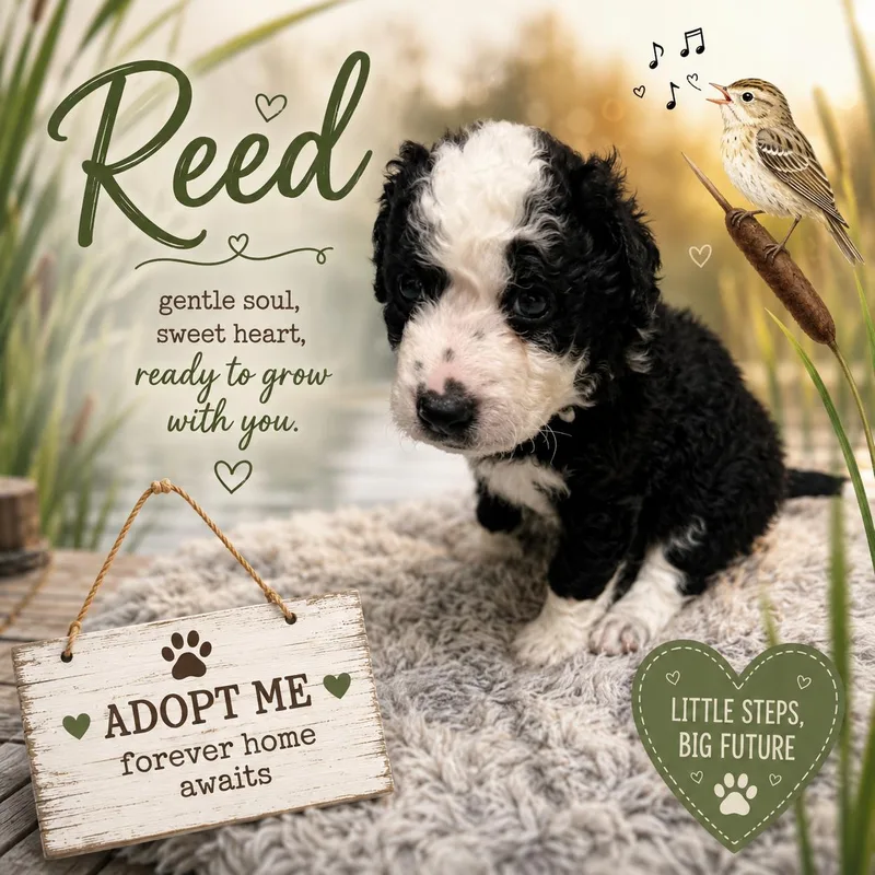 A baby medium-sized male Black Aussiedoodle dog named Reed for adoption in Spring hill, TN