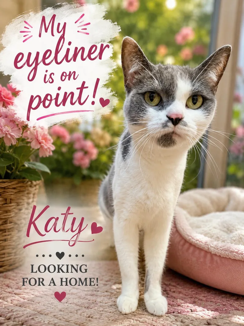 A young medium-sized female Gray & White Domestic Short Hair cat named Katy for adoption in Fort Worth, TX