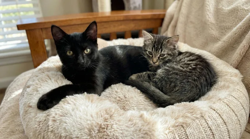 A young medium-sized female Black Domestic Short Hair cat named Ash & Shadow for adoption in Brierfield, AL
