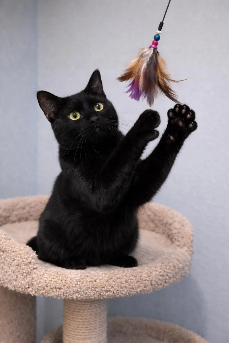 An adult medium-sized male Black Domestic Short Hair cat named Elfie for adoption in Tomball, TX
