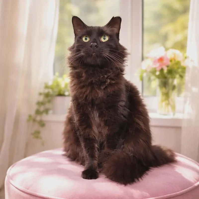 A young medium-sized female Black Domestic Long Hair cat named Mochi for adoption in West Palm Beach, FL