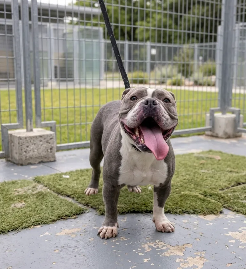 An adult medium-sized female Grey American Bulldog dog named Miss Winky for adoption