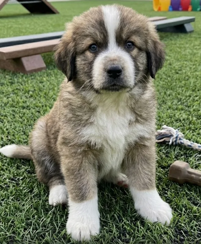 A baby small-sized male Tan Australian Shepherd dog named Stewie for adoption