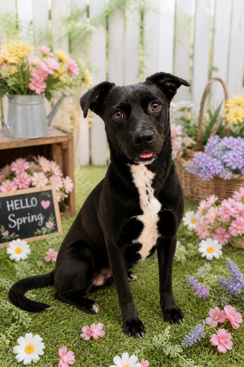 A young medium-sized female black and white Cattle Dog dog named Olive for adoption