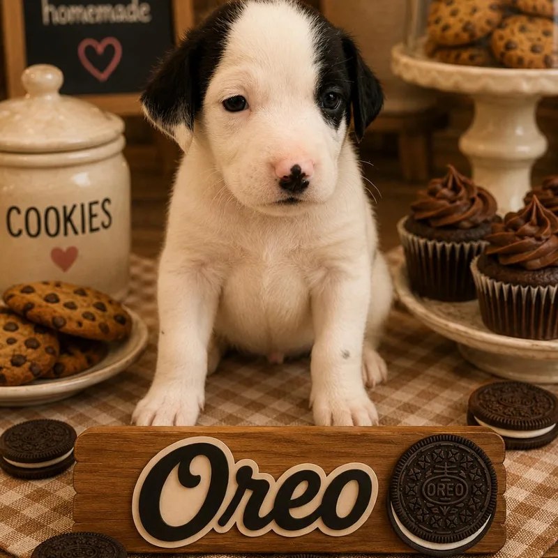 A baby medium-sized male White / Cream Black Labrador Retriever dog named Oreo for adoption in Hohenwald, TN