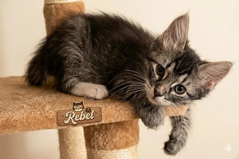 A baby medium-sized female Gray / Blue / Silver Maine Coon cat named Rebel for adoption in Palmdale, CA