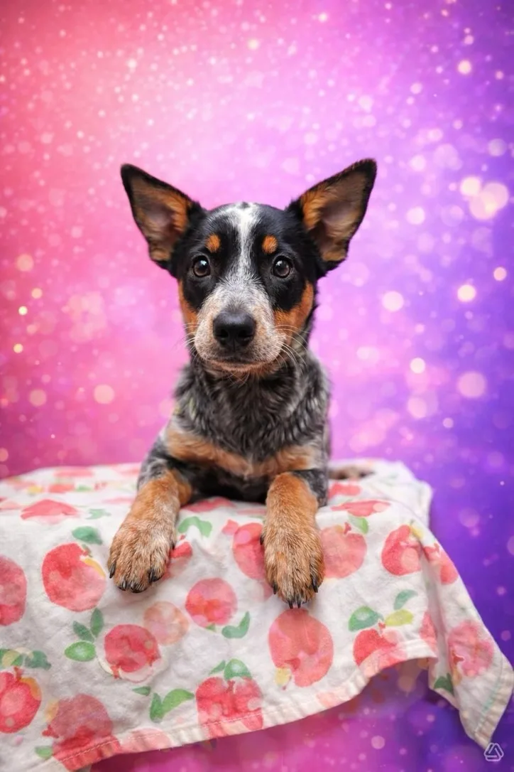 A baby small-sized female grey Australian Cattle Dog / Blue Heeler dog named Princess Peach for adoption