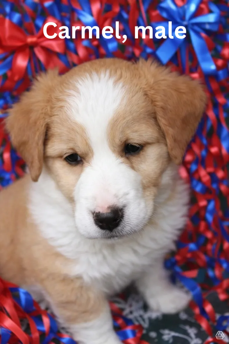 A baby small-sized male Tan and white Australian Shepherd dog named Carmel for adoption