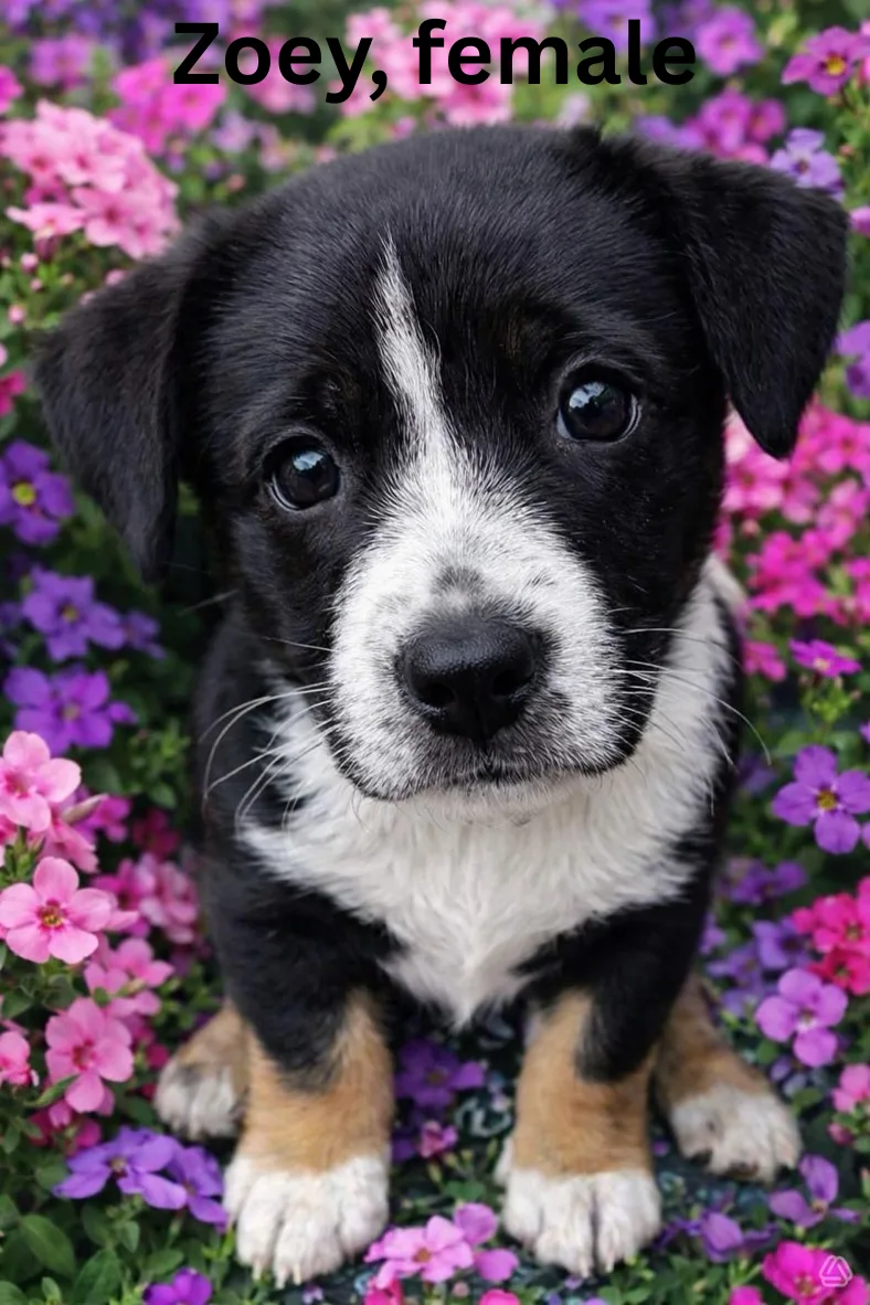 A baby small-sized female Black and white Australian Shepherd dog named Zoey for adoption