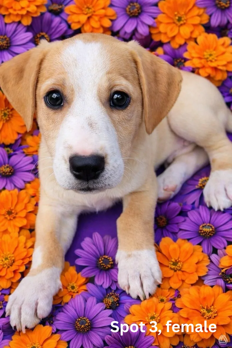 A baby small-sized female Tan and white Australian Shepherd dog named Spot 3 for adoption