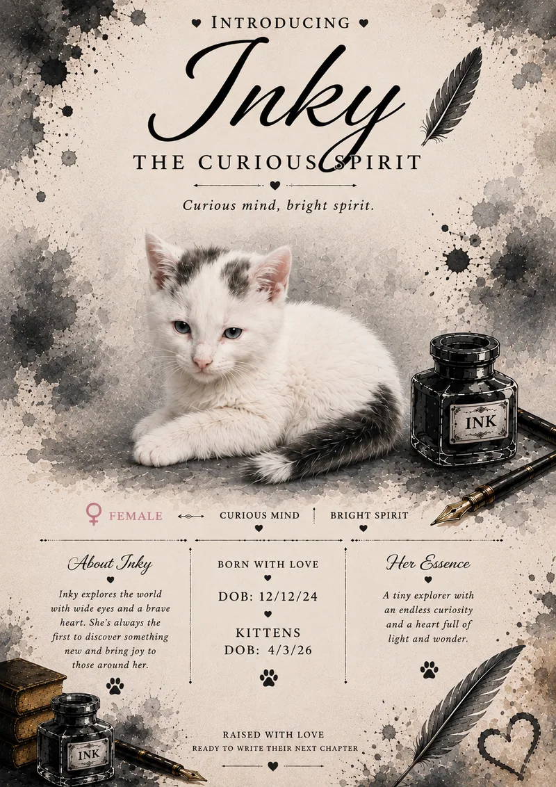 A baby small-sized male White Grey Domestic Short Hair cat named Inky for adoption