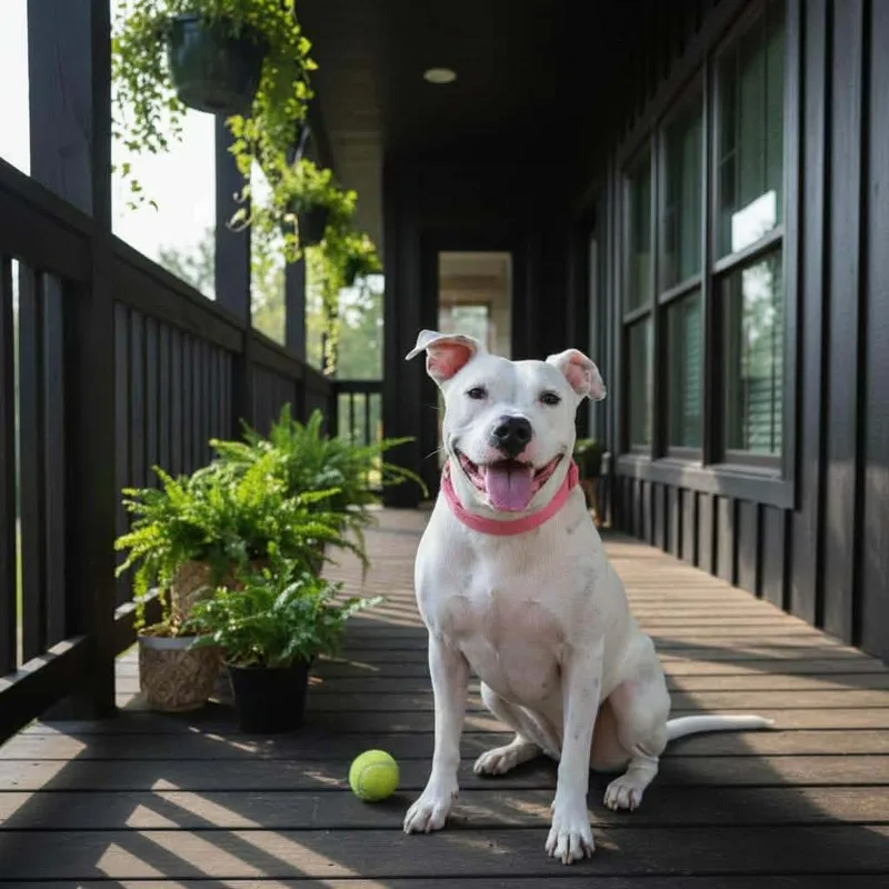 An adult medium-sized female white Pit Bull Terrier dog named Bonnie for adoption