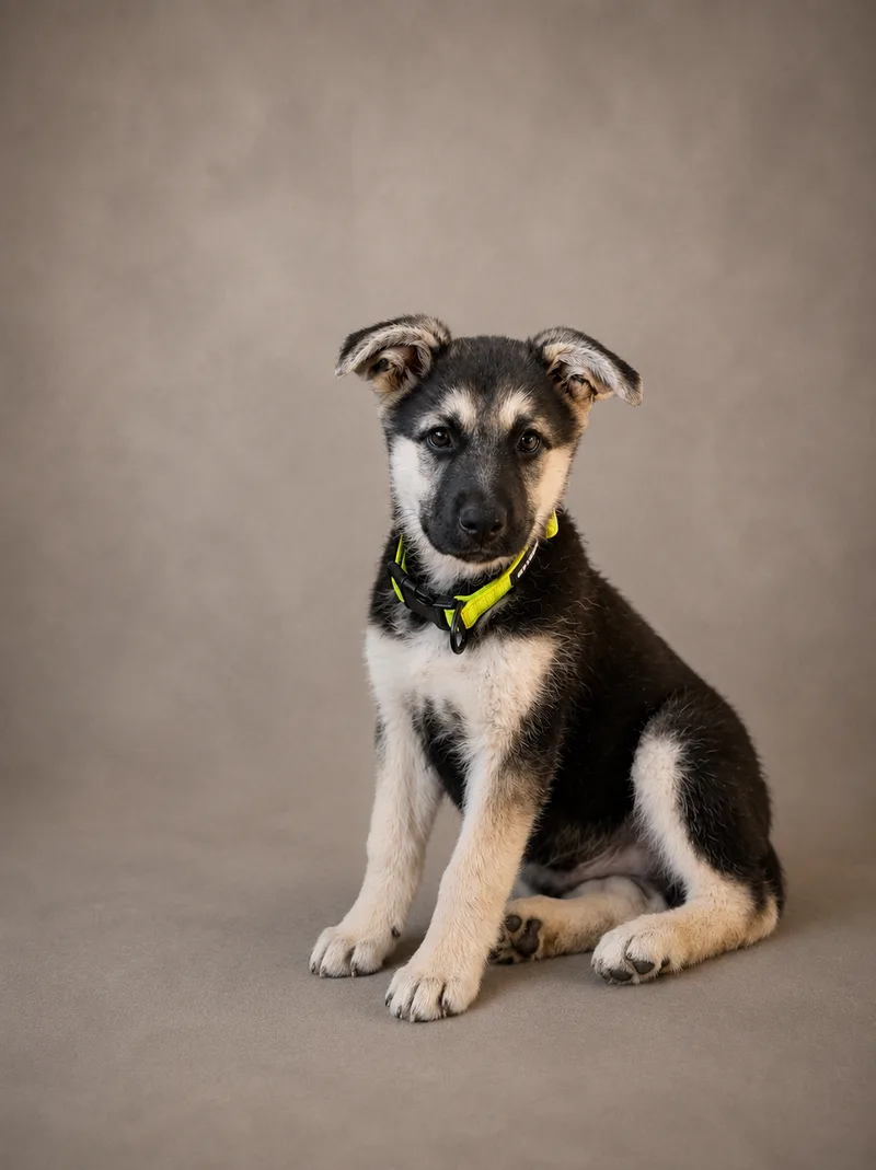 A baby small-sized male German Shepherd Dog dog named George for adoption