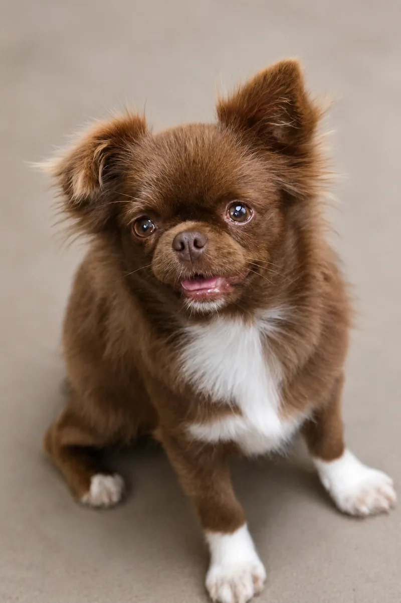 A young small-sized female choc and white Chihuahua dog named Brownie for adoption