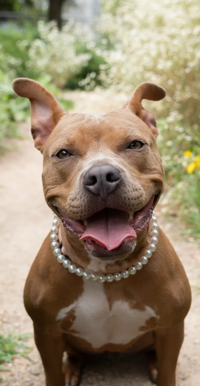 A young medium-sized female Brown Pit Bull Terrier dog named Audrey for adoption