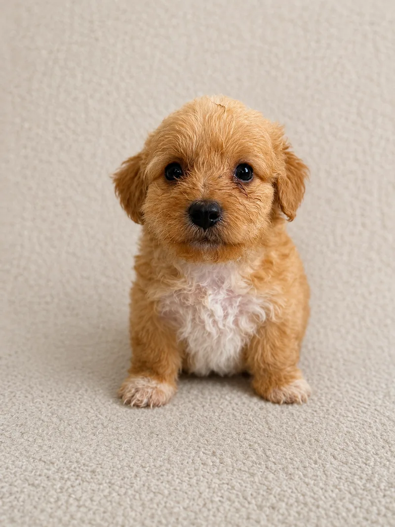 A baby small-sized female brown Maltipoo dog named Coco for adoption