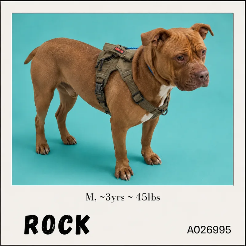 An adult extra large-sized male Tan American Bulldog dog named Rock for adoption