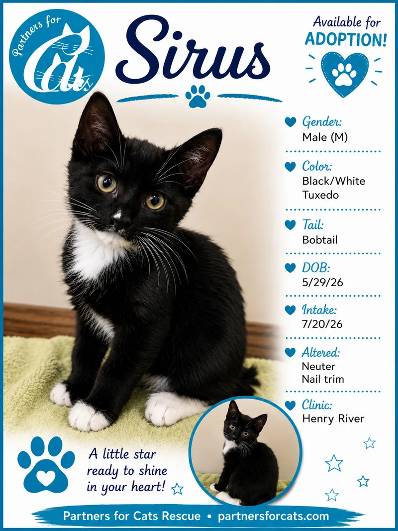 A baby small-sized male Black White Bobtail Domestic Short Hair cat named Sirus for adoption in Morganton, NC