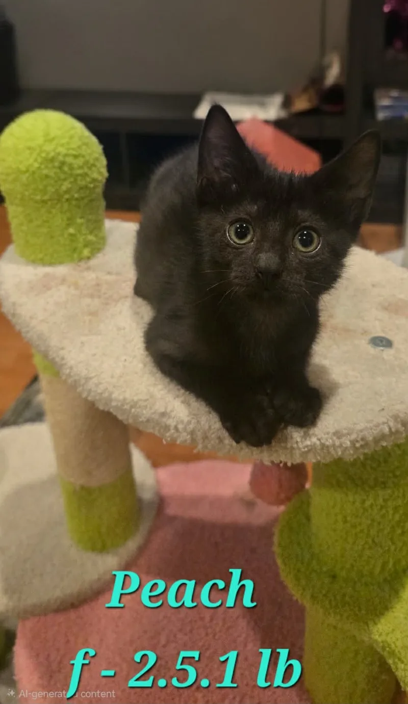 A baby small-sized female Black Domestic Short Hair cat named Peach for adoption in Mount Pleasant, TX