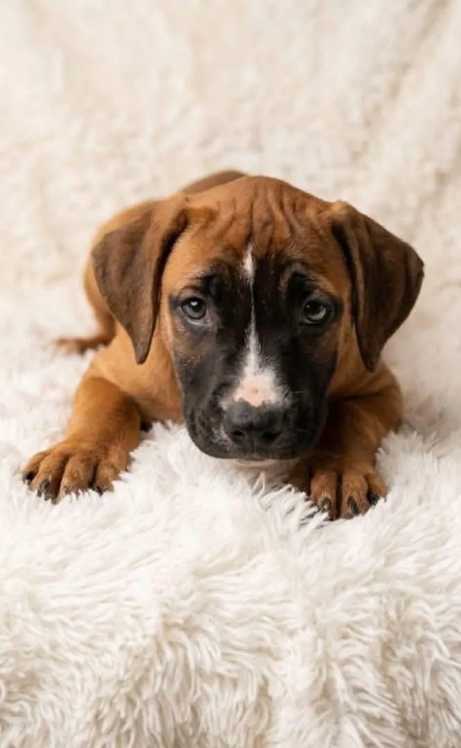 A baby small-sized male White / Cream Boxer dog named Topper for adoption in Newfoundland, NJ