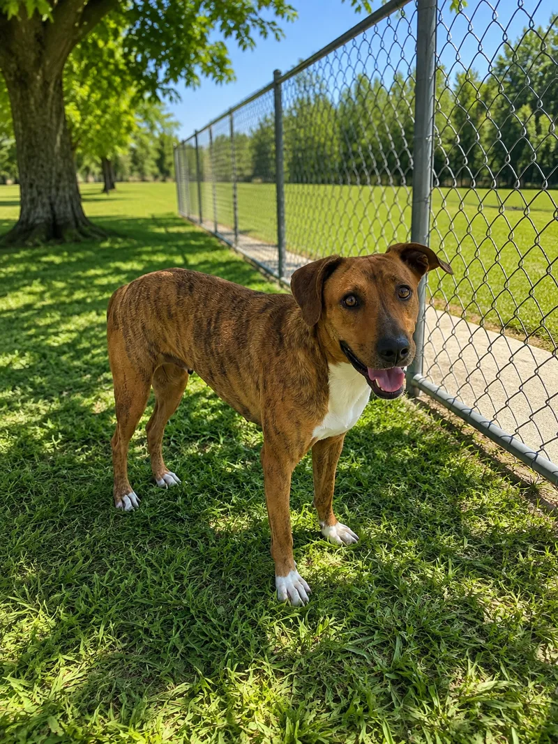 A young medium-sized female Brindle Plott Hound dog named Harmony for adoption