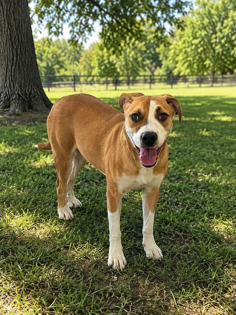 A young medium-sized female Brown Black Mouth Cur dog named Mei Mei for adoption