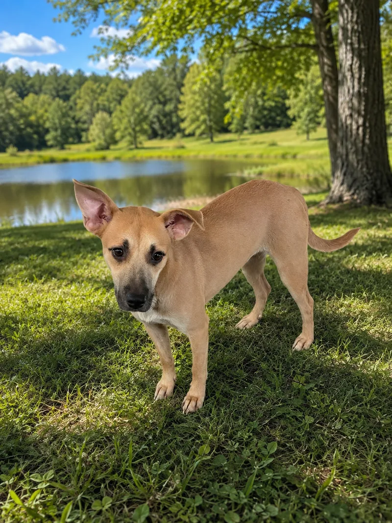 A young medium-sized female Tan Black Mouth Cur dog named Momo for adoption
